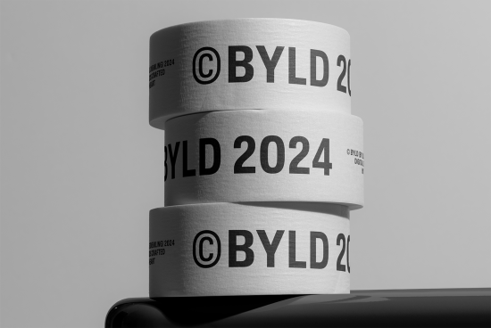Monochrome mockup of stacked paper rolls with "BYLD 2024" branding, showcasing modern, minimalist font design and presentation.