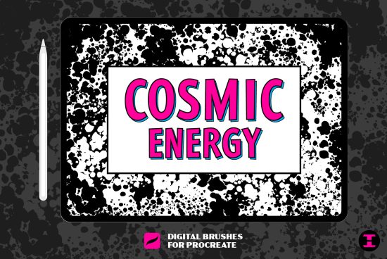 Graphic tablet displaying 'COSMIC ENERGY' in vibrant fonts with splash brush effect, advertising digital brushes for Procreate.