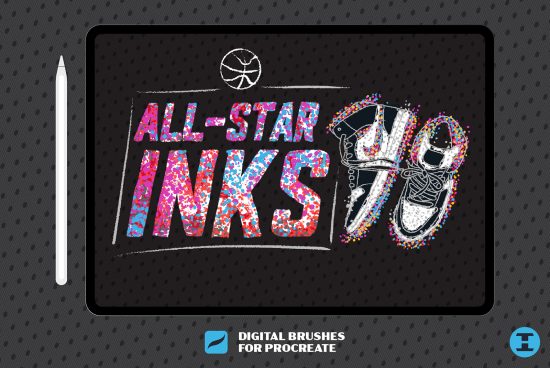 Graphic tablet displaying colorful sneaker design, titled 'ALL-STAR INKS,' indicating Procreate brush pack for digital artists and designers.