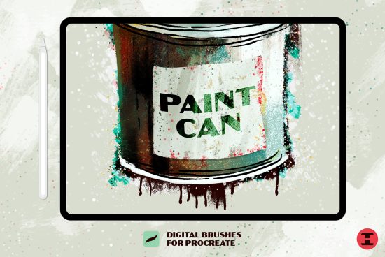 Digital Procreate brushes ad featuring a stylized paint can graphic, splatters, and Apple Pencil on tablet, ideal for designers and artists.