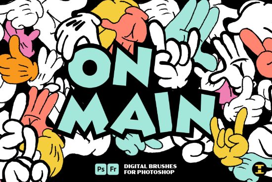 Colorful digital brushes for Photoshop featuring cartoon hands and bold text "ON MAIN" in a vibrant graphic style, ideal for designers and illustrators.
