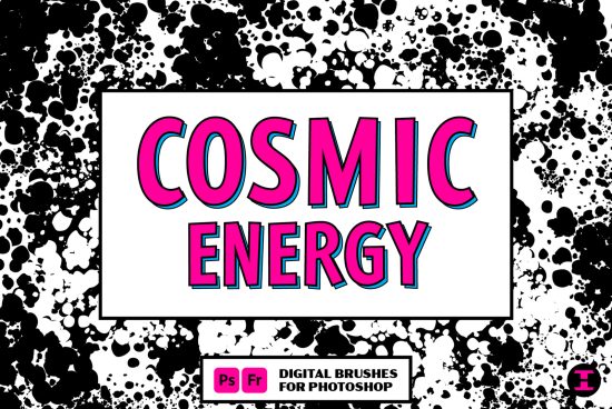 Vibrant pink and blue Cosmic Energy text graphic on a dynamic black and white ink splatter background, showcasing digital Photoshop brushes.