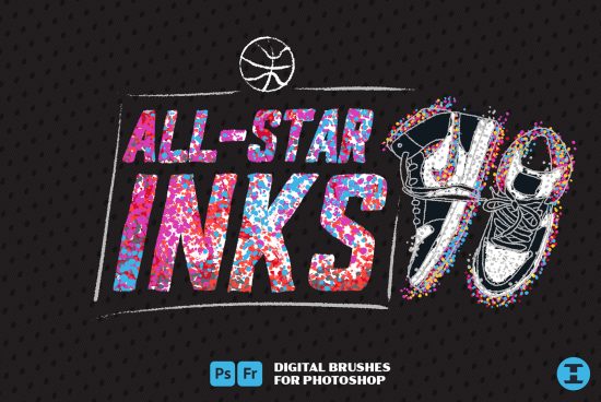 Colorful Photoshop brush pack advertisement with artistic shoe illustration and vibrant text 'ALL-STAR INKS', ideal for graphic design assets.