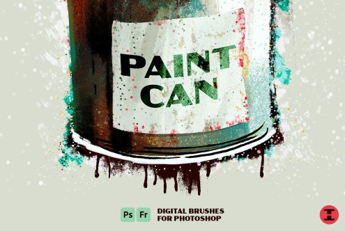 Grunge-style digital paint can with splatter, labeled Paint Can, symbolizing Photoshop brushes for graphic designers and artists.