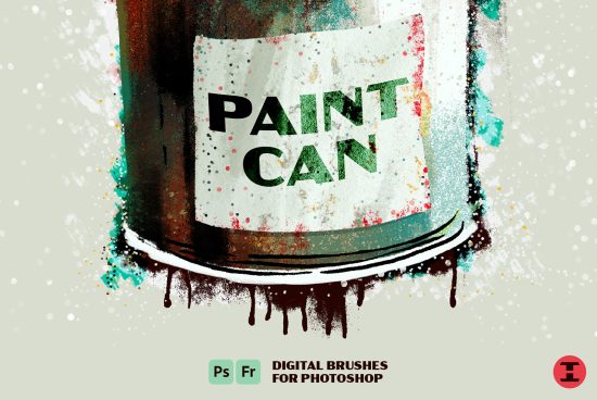 Grunge-style digital paint can with splatter, labeled Paint Can, symbolizing Photoshop brushes for graphic designers and artists.