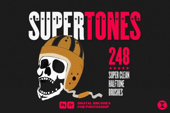 Halftone skull design with helmet promoting 248 'SUPERTONES' digital brushes for Photoshop, bold graphic for clean halftone effect.