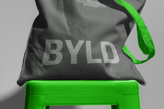 Black tote bag with bold 'BYLD' text on a bright green chair, showcasing realistic fabric mockup for designer portfolios.