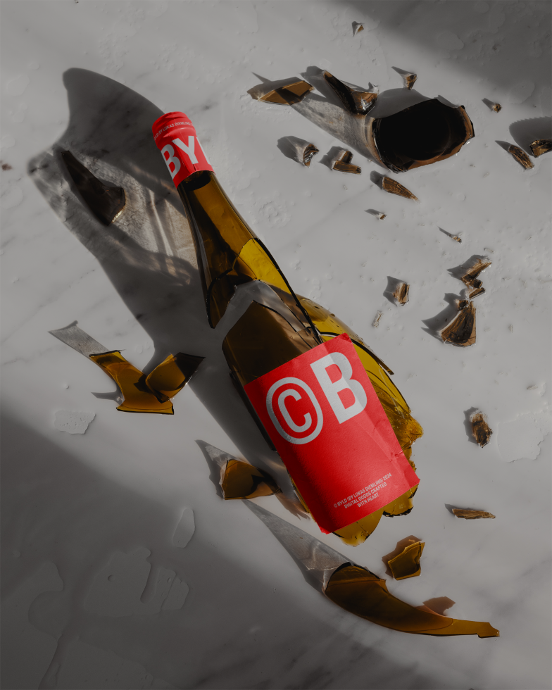 Broken beer bottle with label on white surface, realistic mockup for branding, graphic design asset, dramatic shadows, product photography.