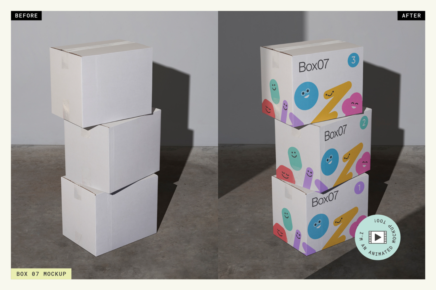 Stack of three white blank boxes before and the same boxes after branding with colorful creative design, ideal mockup for packaging presentation.