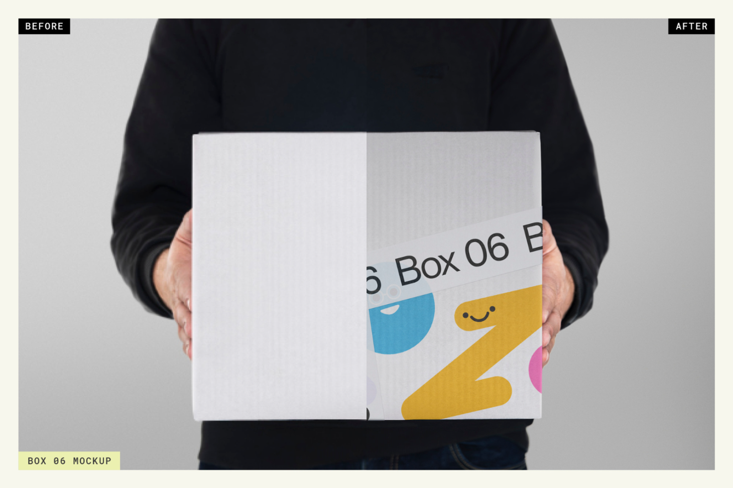 Person holding a split-view mockup of a plain and branded box, showcasing before and after design for packaging, useful for graphic presentations.