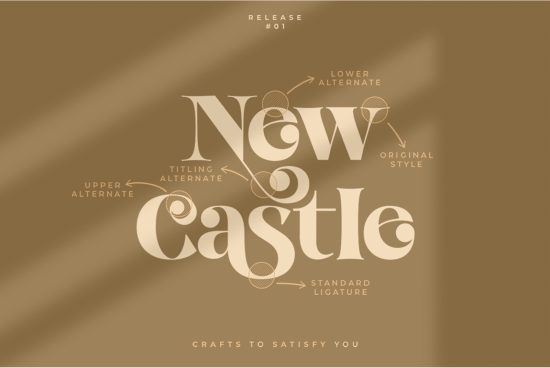 Elegant serif font showcase with New Castle typeface featuring alternates and ligatures on a brown background, ideal for design graphics and templates.