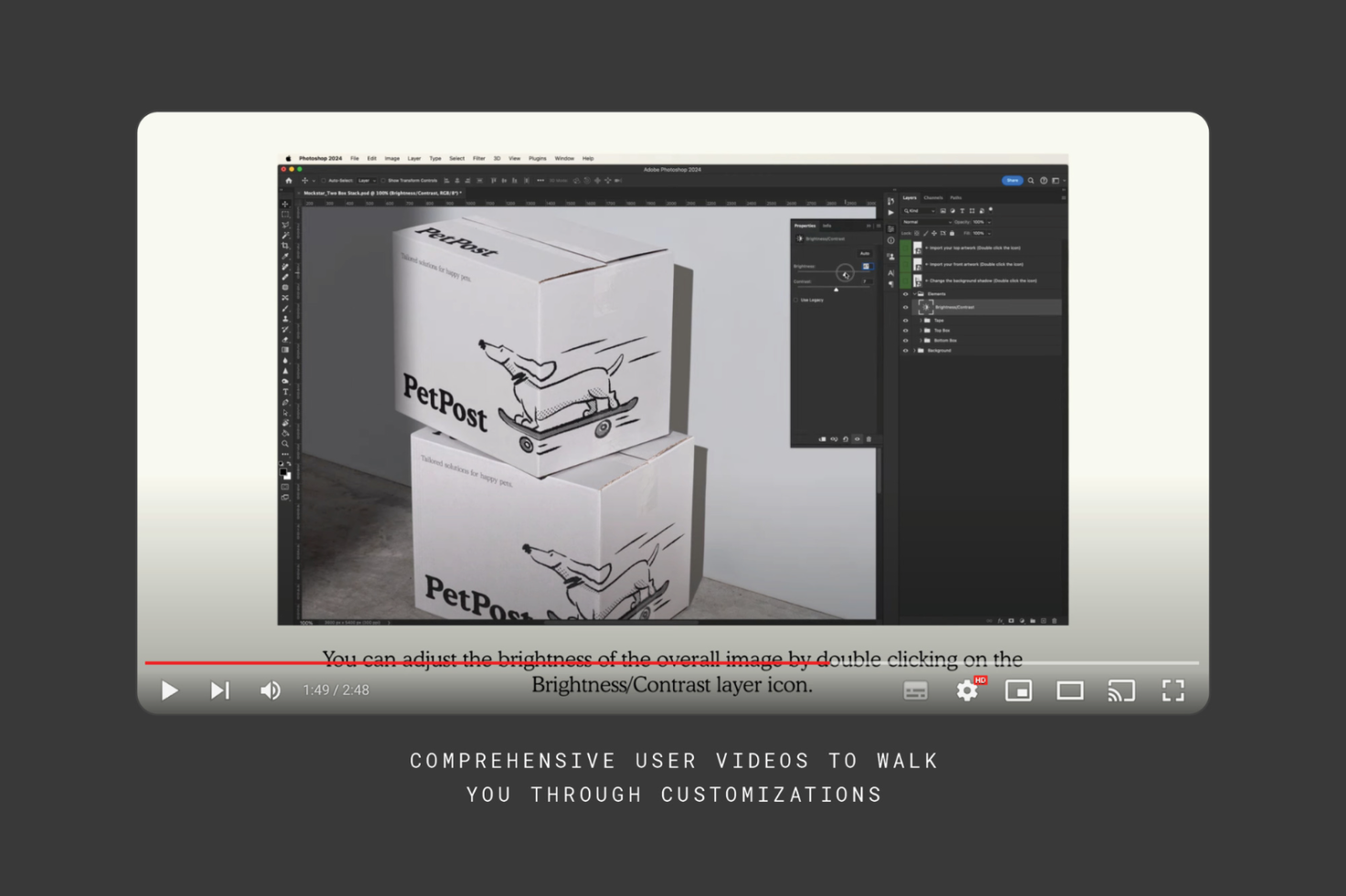 Photoshop tutorial video showing product box mockup design open on a computer screen, ideal for packaging designers and mockup templates.