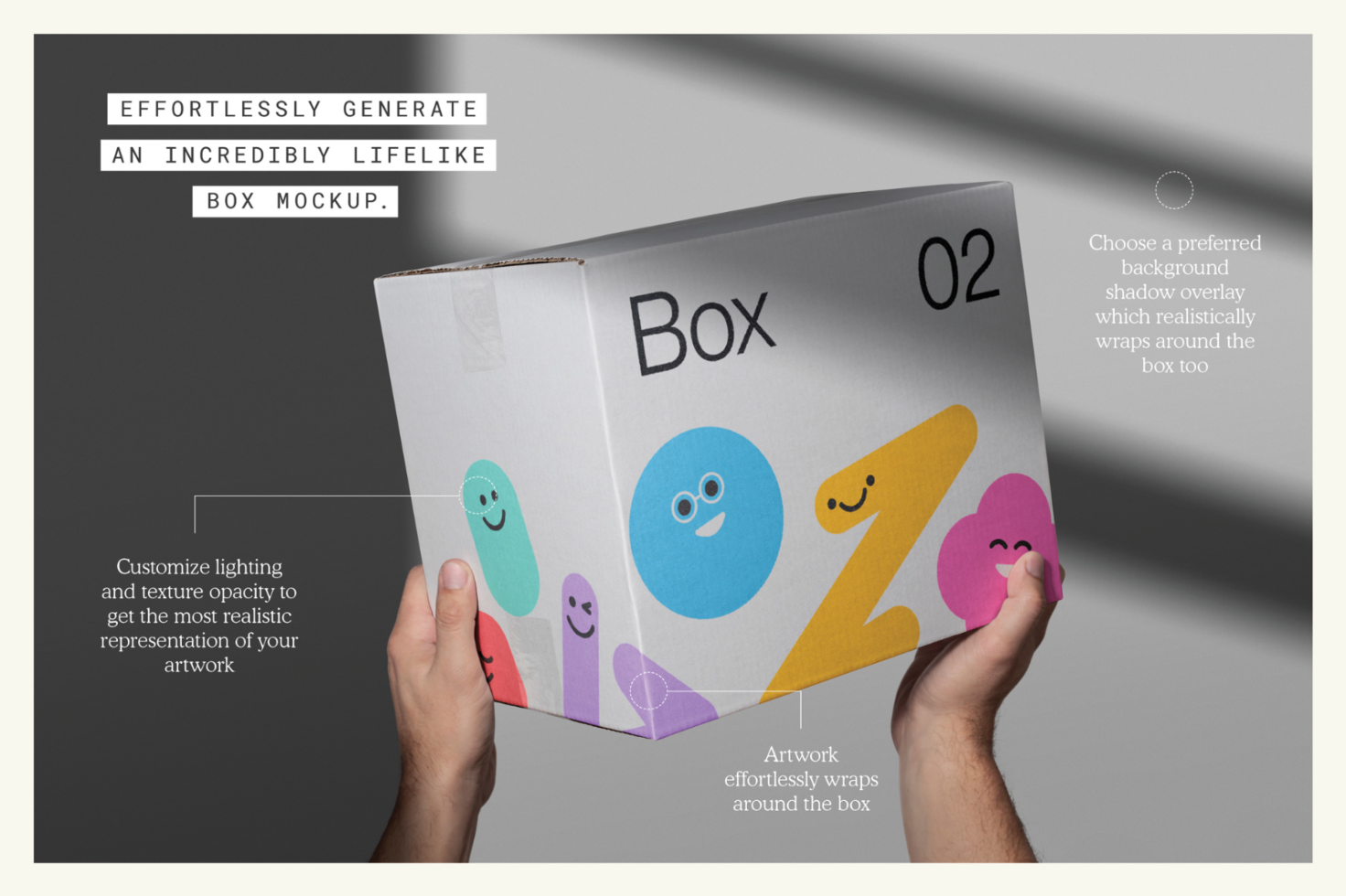 Realistic box mockup held by a person with editable lighting and shadow options for product design presentations, suitable for graphic designers.