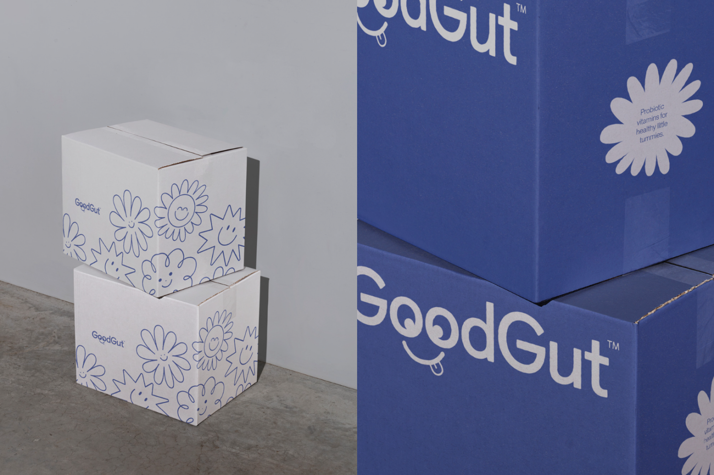 Stacked cardboard boxes with playful floral patterns and bold branding, ideal for packaging design mockups, great for presentation graphics.