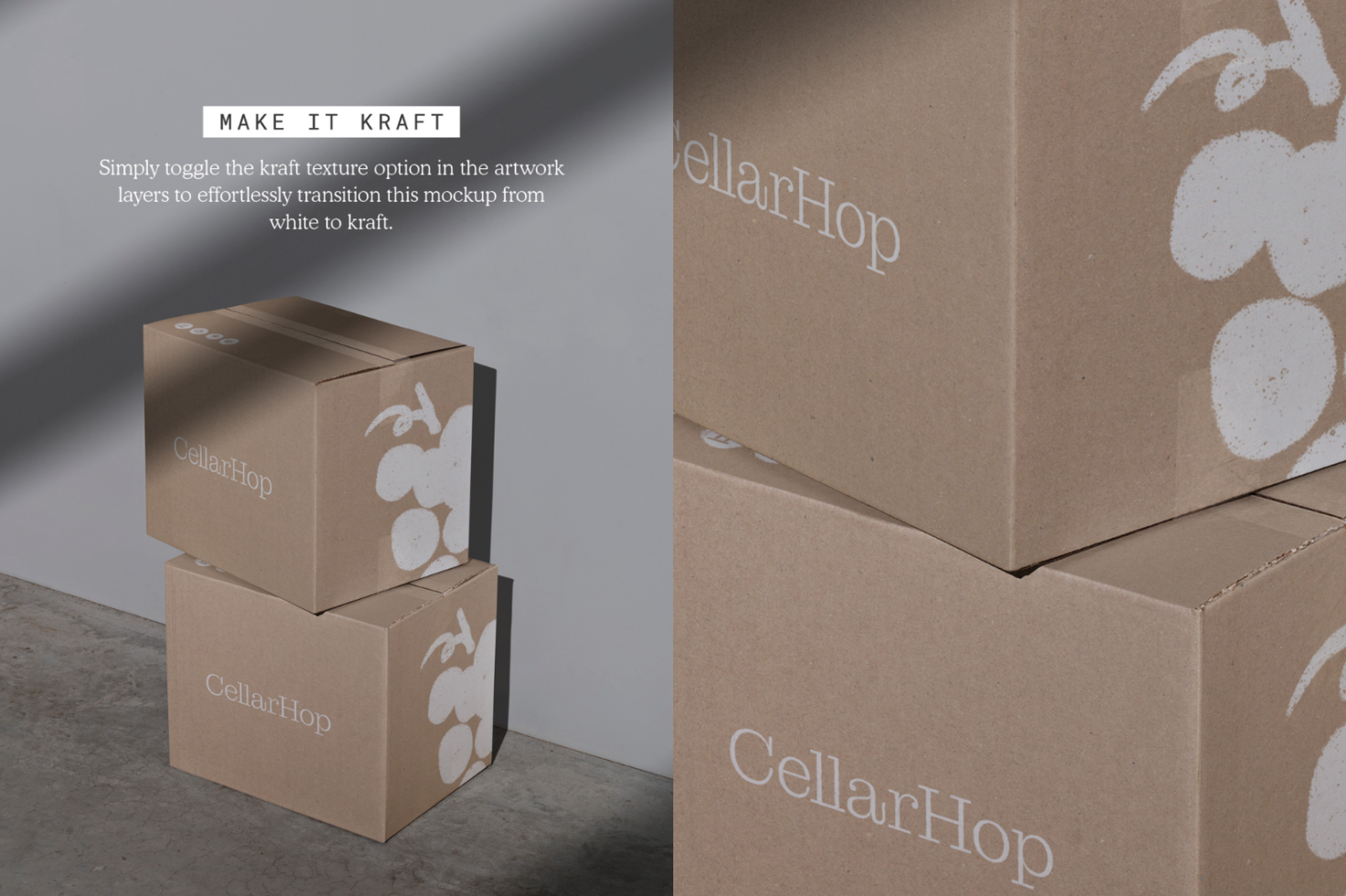 Stack of kraft cardboard box mockups with a realistic shadow, customizable branding design for packaging presentation in a studio setting.