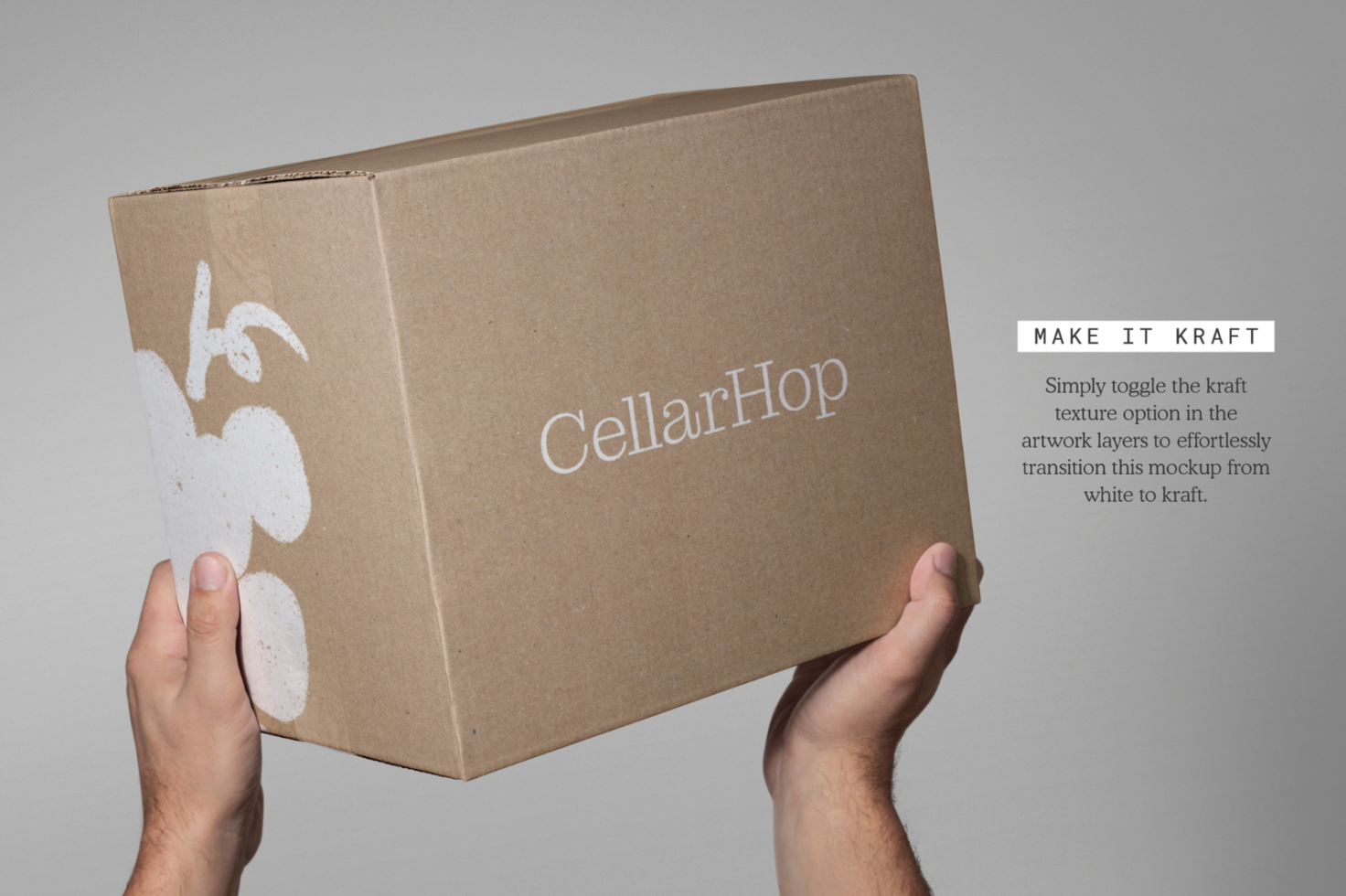 Hands holding a kraft box mockup with white branding design, resizable PSD template for packaging designers.