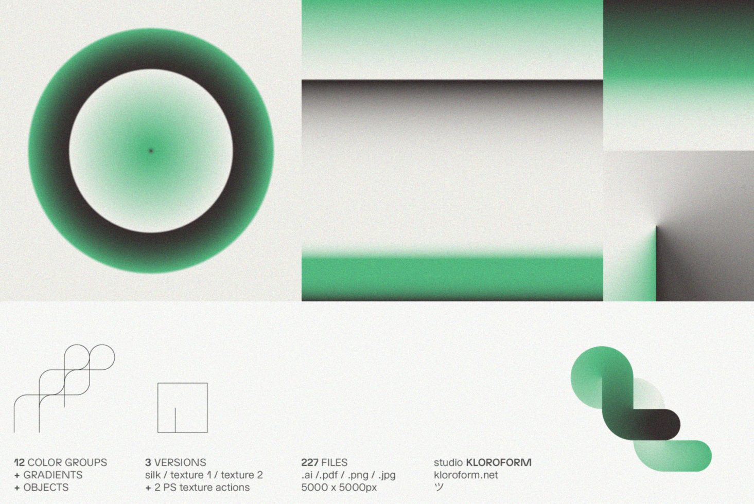 Abstract design elements in green with gradients, textures, for graphic design projects. Includes files in AI, PDF, PNG, JPG, 5000x5000 px.