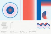 Colorful gradient shapes with soft glows, circles, waves, lines, solid color blocks in blue, coral, pink tones