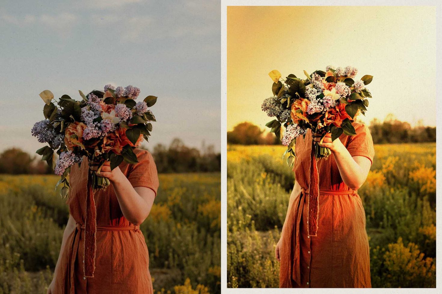 Person holding bouquet covering face in a field, ideal for vibrant graphic design, photo editing, or artistic template inspiration.