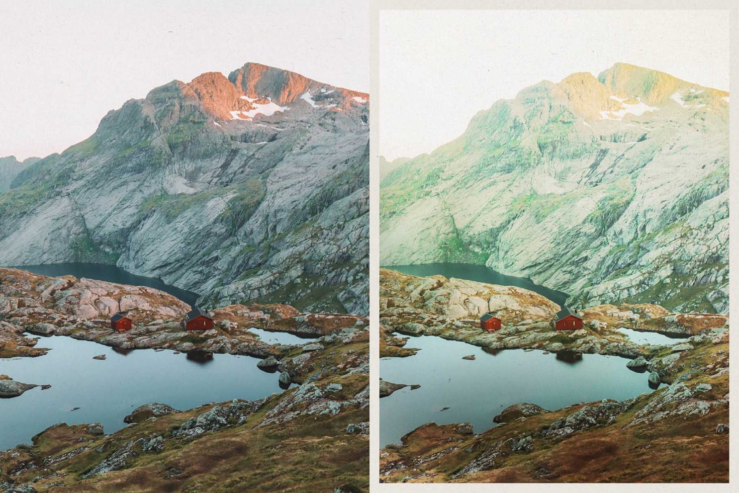 Mountain landscape with red cabins by a lake, ideal for nature design templates or scenic graphic backdrops.