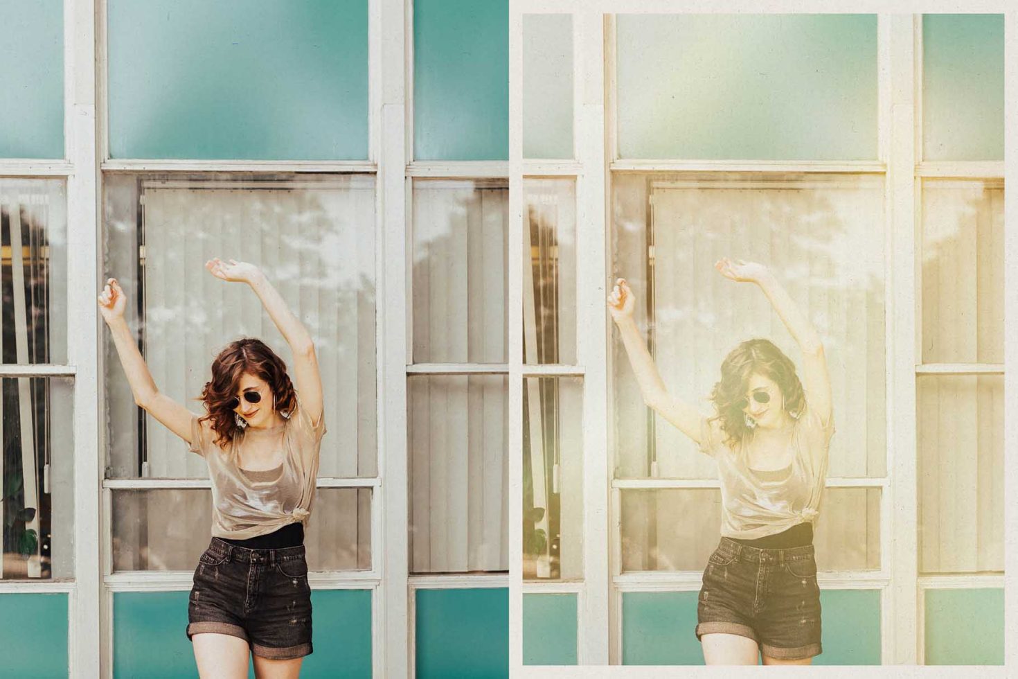 Happy young woman dancing in front of pastel-colored windows, vintage feel, suitable for lifestyle mockups or graphic design.