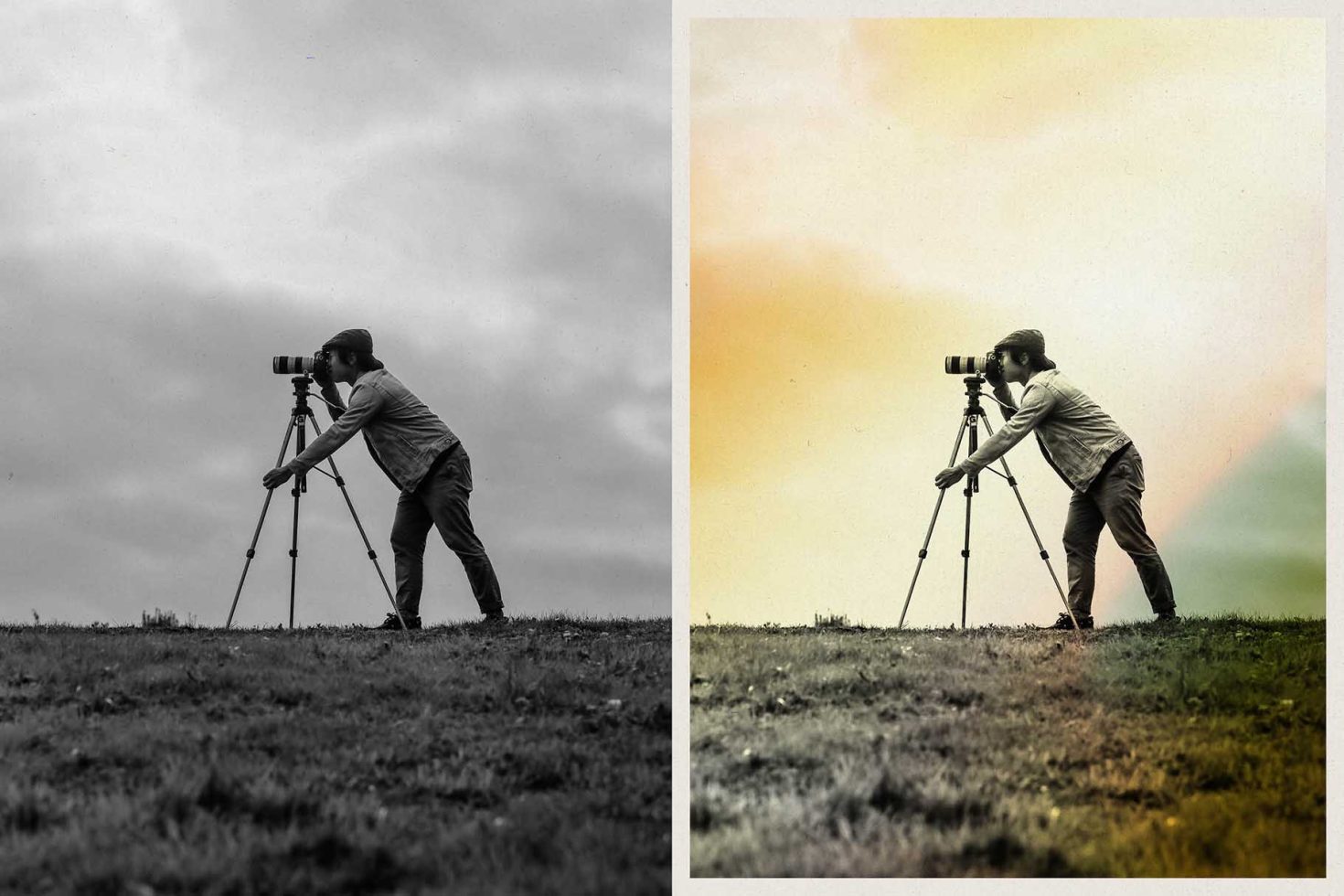 Photographer shooting with DSLR on tripod, split image with black and white and color filters, design template for editing.