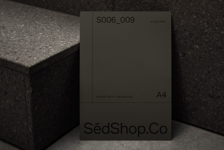 A4 size minimalist print mockup leaning on a textured corner for showcasing design, with space for brand presentation.