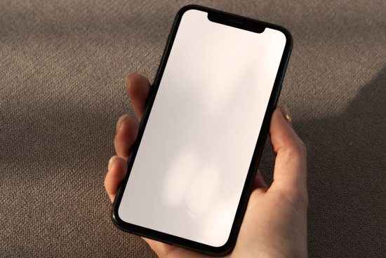 Person holding smartphone with blank screen on textured background for mockup design presentations, digital asset for app interfacing.