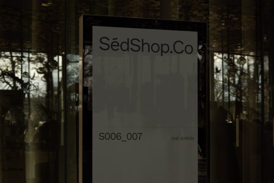 Modern digital display mockup with reflective glass surface for showcasing UI designs and signage, urban setting, designers' template.
