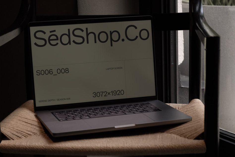 Laptop mockup showing SedShop branding on fabric chair