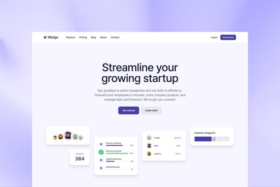 Website design template for startup efficiency tools, showing menu, buttons, and dashboard UI, ideal for web design mockups.