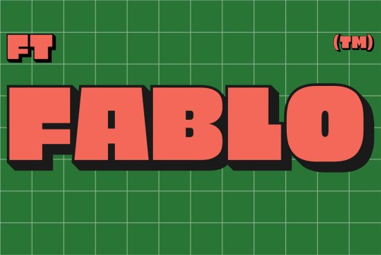 Bold retro font sample titled FABLO on a green grid background, perfect for digital asset marketplaces. Ideal for designers seeking unique typefaces.