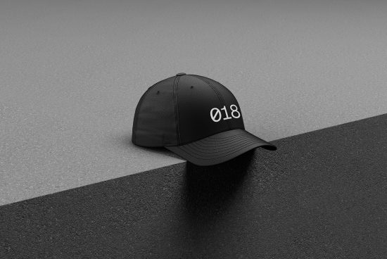 Black baseball cap mockup with white embroidery design on textured background, ideal for showcasing logo and apparel designs.