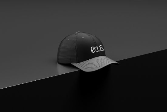 Black snapback hat mockup with white embroidery, realistic design presentation on a dark background, adjustable cap template.