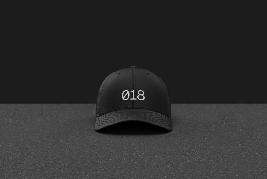 Black baseball cap mockup with number 018 on textured background, ideal for logo presentation and branding design.