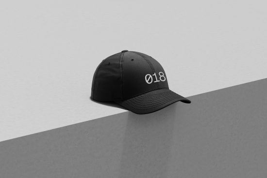 Black baseball cap with white logo mockup on a minimalistic grey and white background, ideal for headwear design presentations.