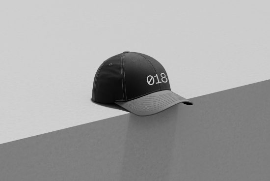 Black baseball cap with white embroidery on a two-tone background, ideal for fashion mockup graphics and apparel design templates.