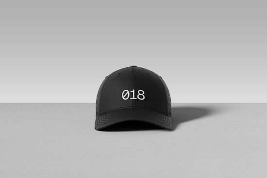 Black baseball cap with white 018 design mockup on a neutral background, ideal for branding, hat templates, and fashion accessories.
