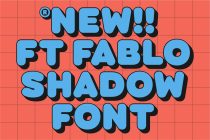 Bright blue retro font with thick black outlines on coral grid background