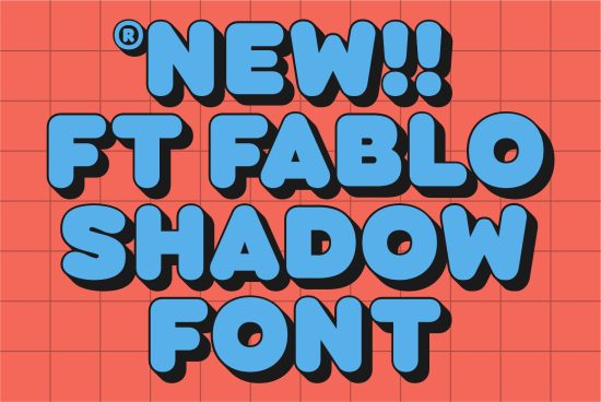 New FT Fablo Shadow Font in blue with black shadows on a red grid background. Perfect for designers seeking bold display fonts for striking digital designs.
