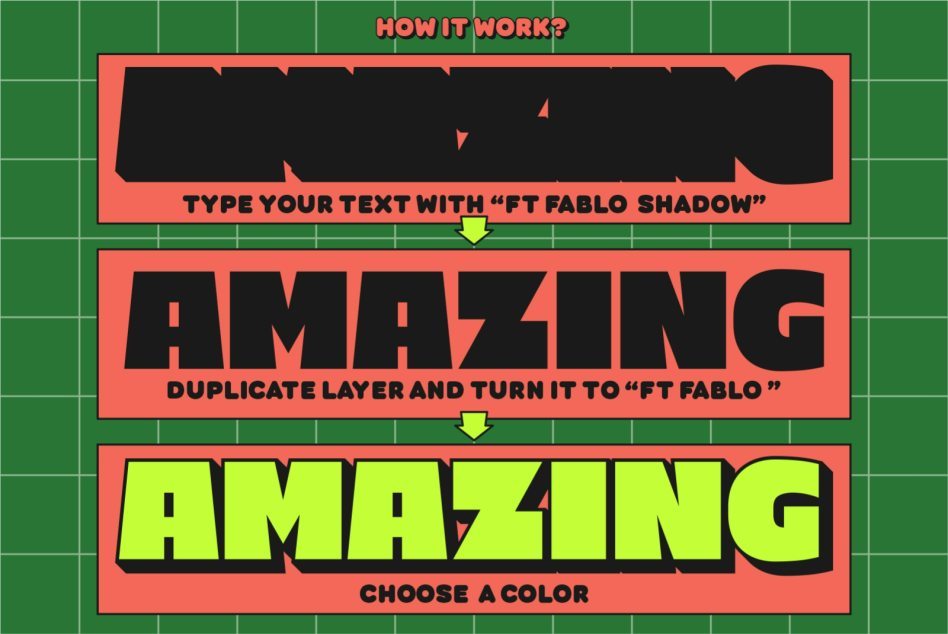 Step-by-step tutorial with bold text on creating layered typography with the FT Fablo font in green and orange. Ideal for designers seeking typography resources.