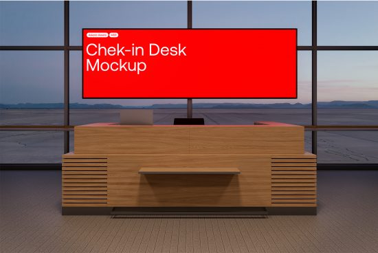 Check-in desk mockup for designers featuring a modern wooden counter with digital screen display. Ideal for graphic design presentations and templates.
