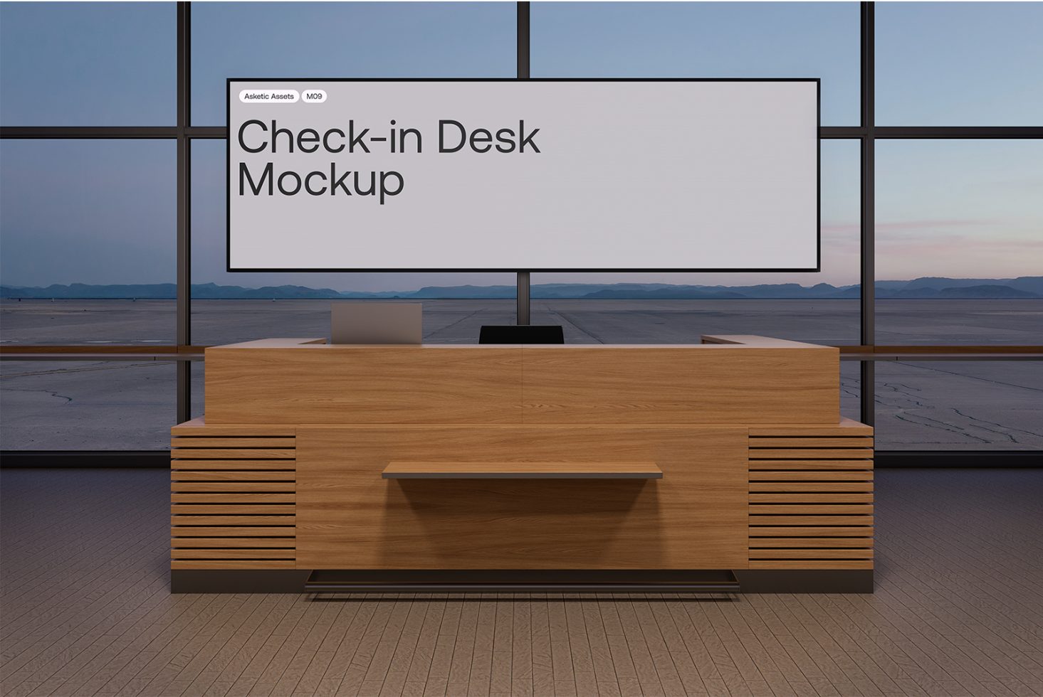 Check-in Desk Mockup for designers presentation. Keywords: Mockup, Check-in Desk, Design Assets, Graphic Design, Digital Marketplace, Template.