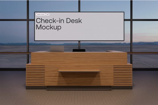 Check-in Desk Mockup for designers presentation. Keywords: Mockup, Check-in Desk, Design Assets, Graphic Design, Digital Marketplace, Template.