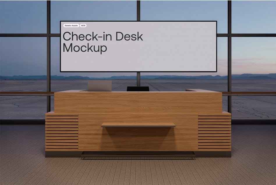 Minimalist check-in desk with landscape view, wooden counter, overhead grey signage