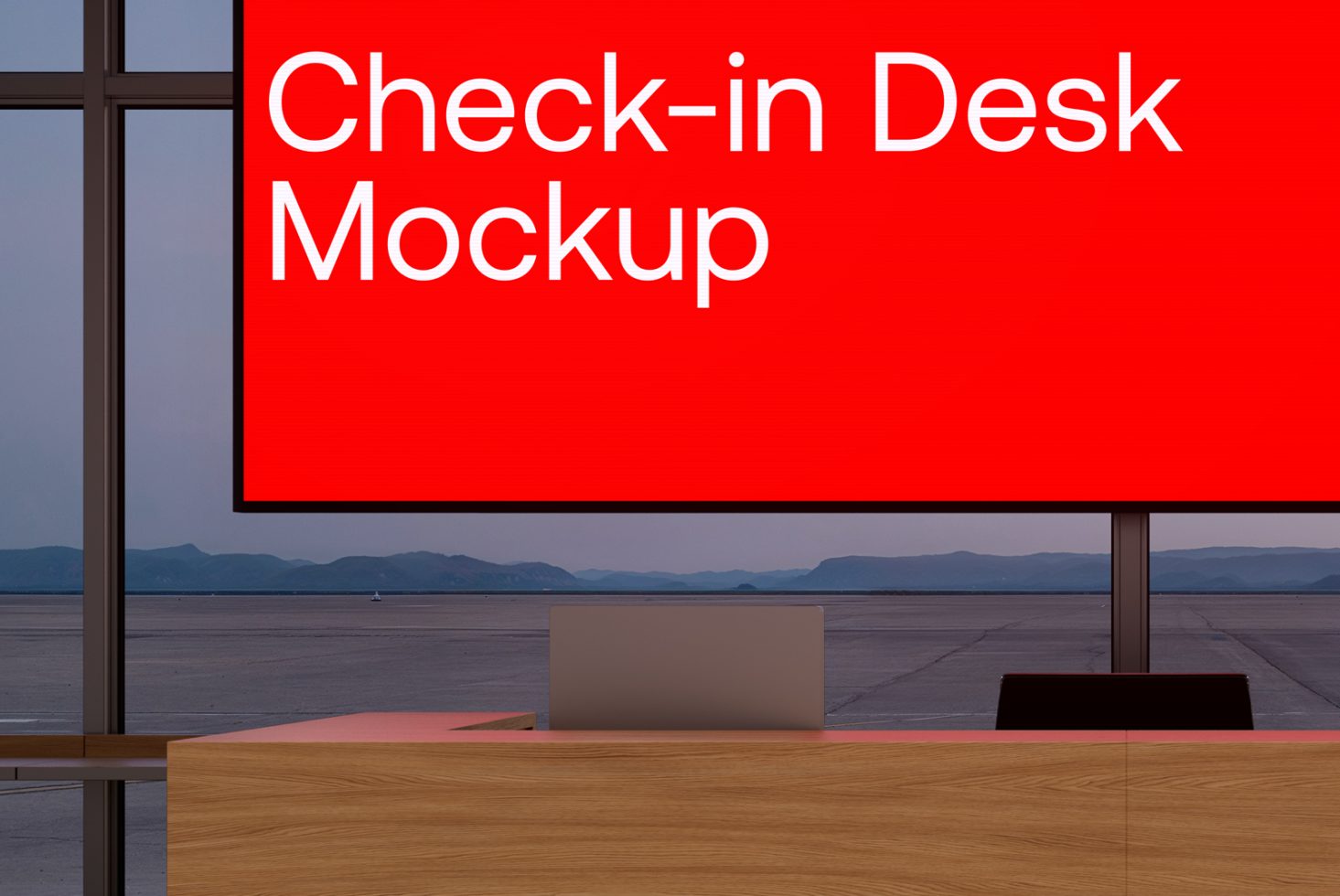 Check-in desk mockup with a vivid red sign in an airport context. Ideal for designers creating realistic airport graphics, templates, or promotional materials.