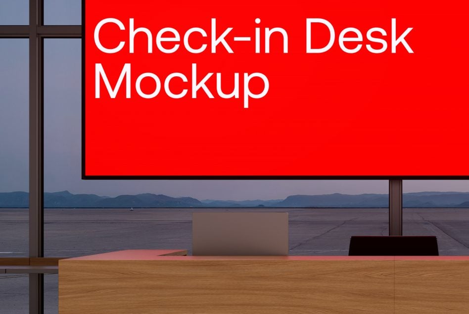 Modern reception desk with red overhead signage, water view backdrop, wood desk