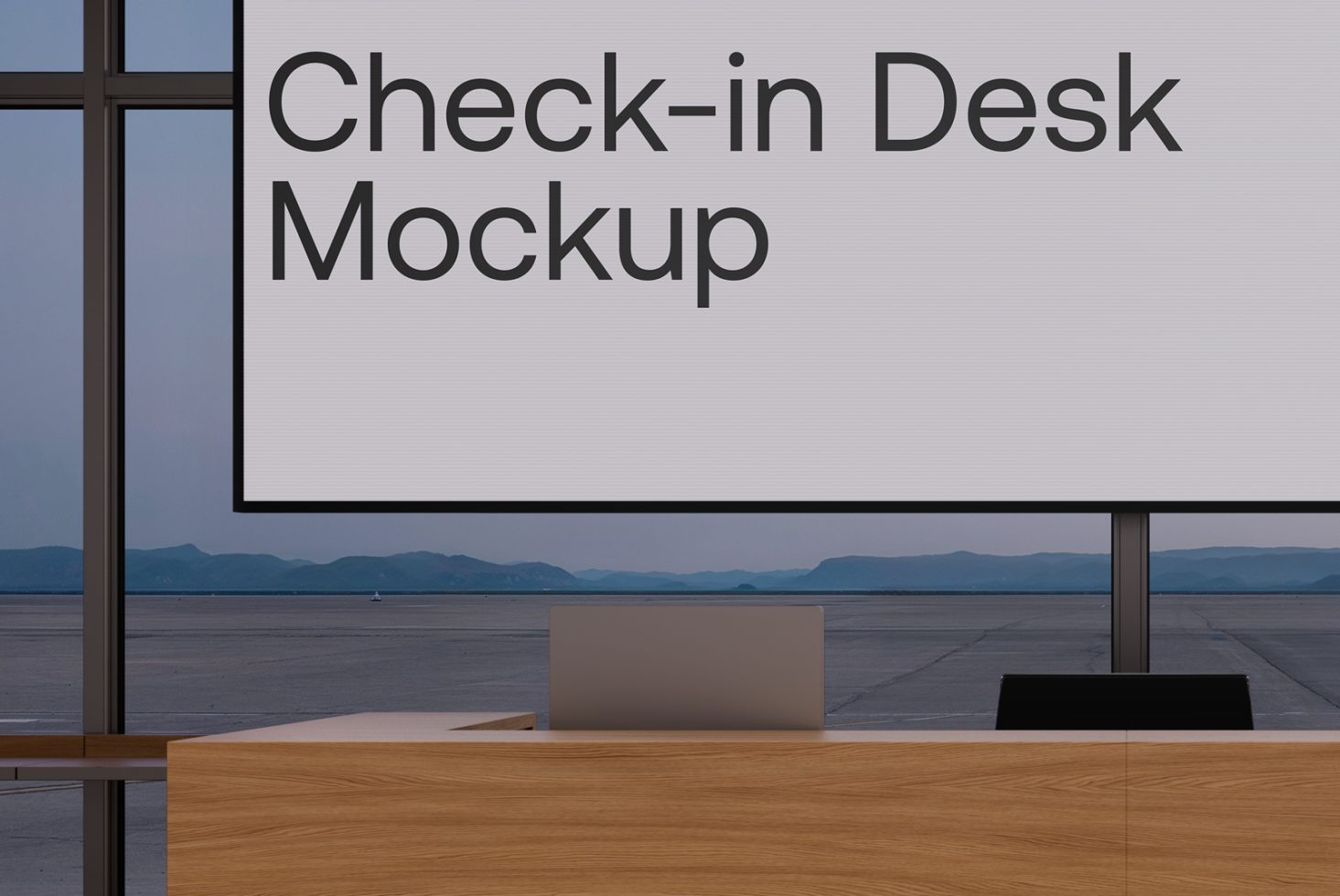 Check-in desk mockup showcasing a minimalist design with a large sign. Perfect for designers needing airport, travel, or commercial environment themes.