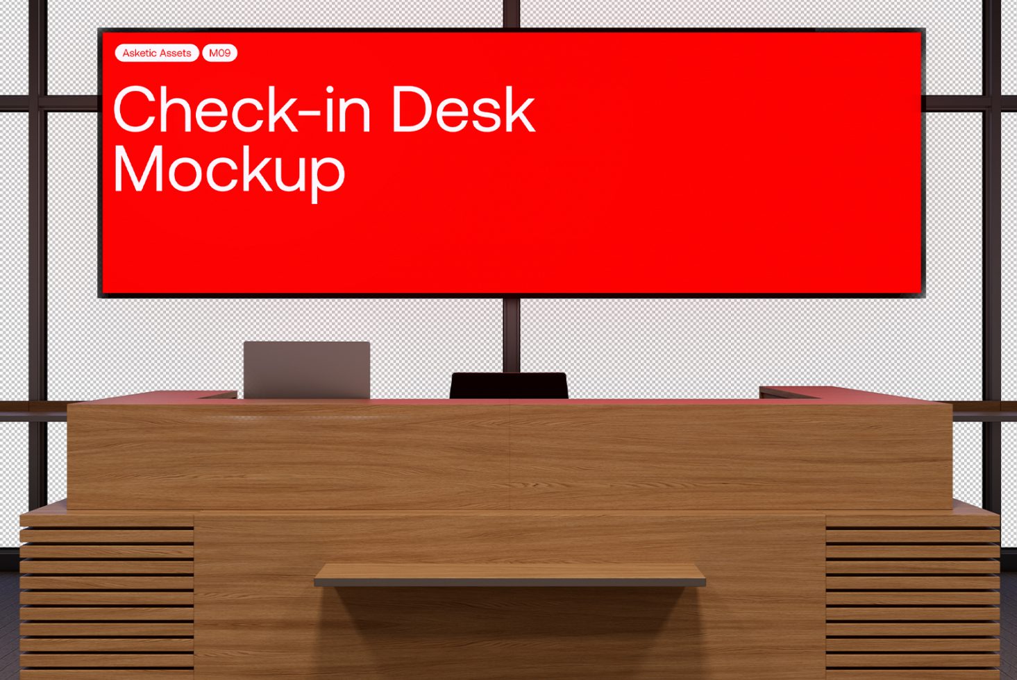 Modern check-in desk mockup in a minimalistic style with a large red screen displaying text. Ideal for showcasing designs in interiors. Keywords: Mockup, Design