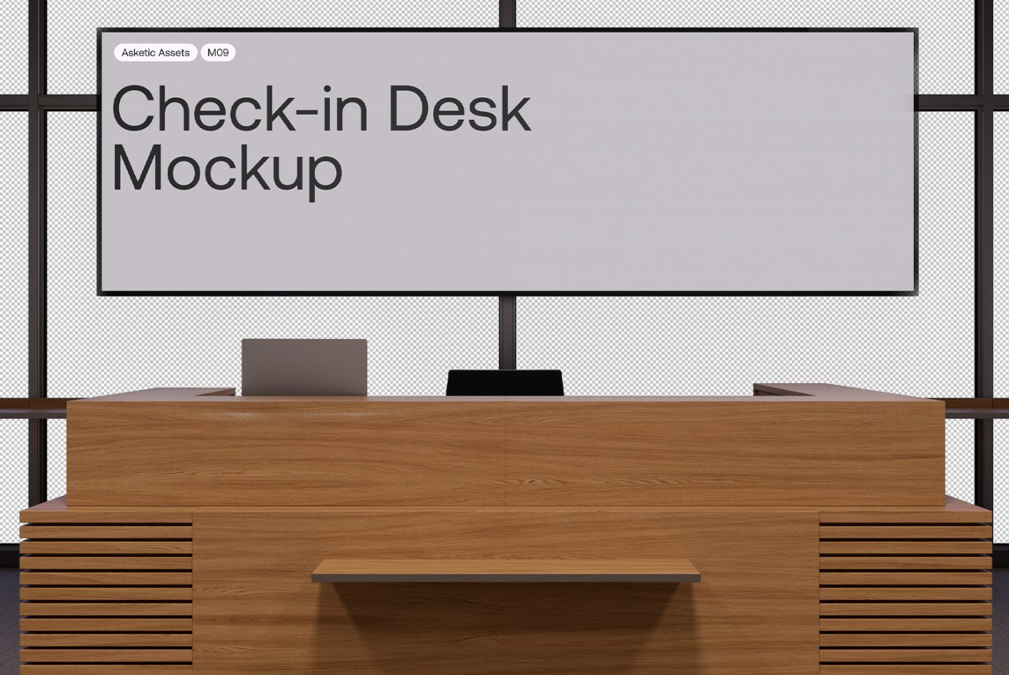 Modern check-in desk mockup with wooden design and laptop, ideal for showcasing designs. Use for presentations, client proposals, and project previews.